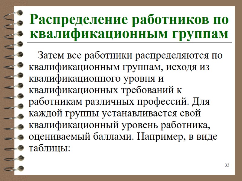 33 Распределение работников по квалификационным группам Затем все работники распределяются по квалификационным группам, исходя